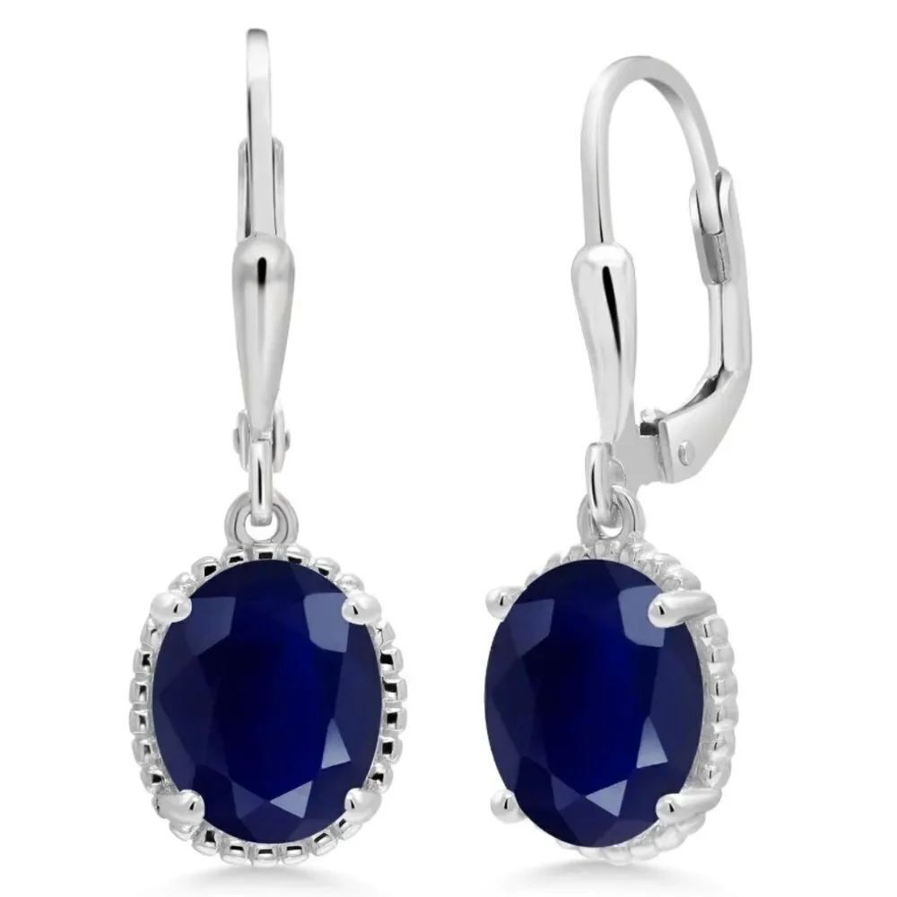 925 Sterling Silver with 5.00 Cttw Navy Blue Sapphire Oval Leverback Earrings